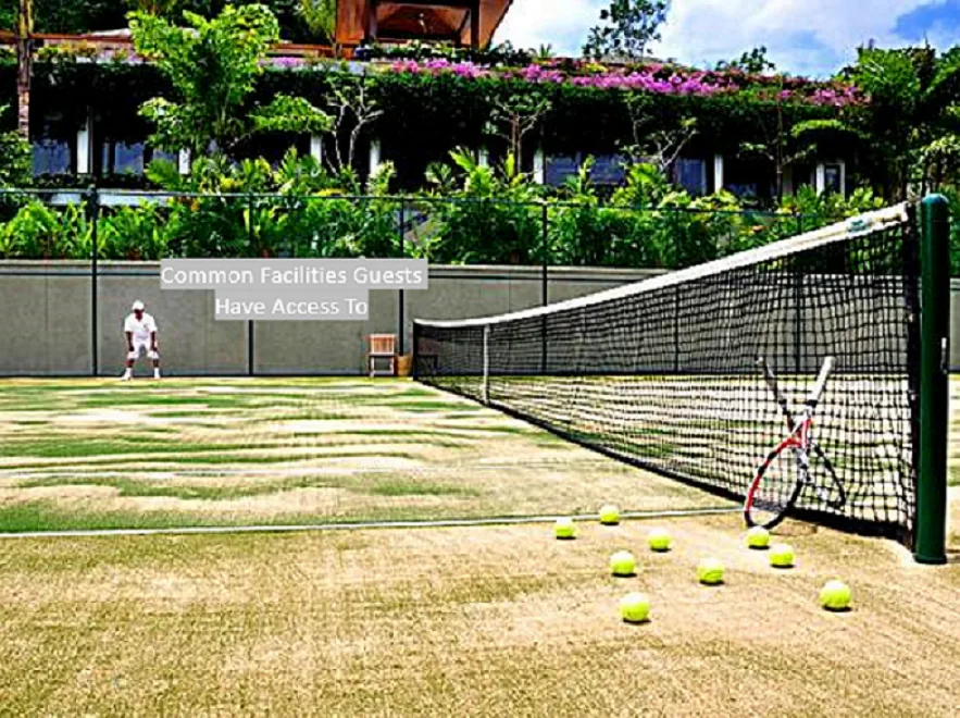 A tennis court with the net up and balls laid out, tropical planting and a pergola behind; a caption in the corner reads Common Facilities Guests Have Access To