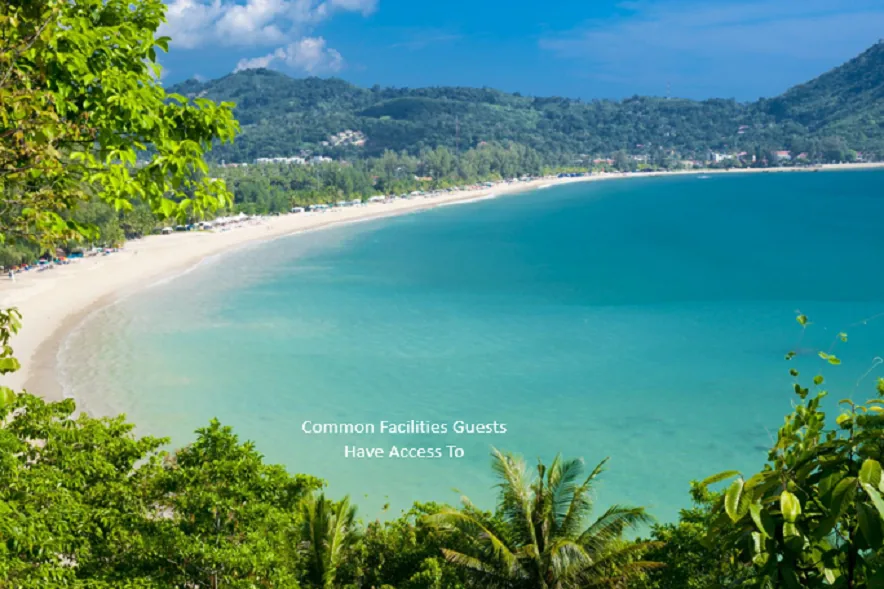 An aerial view of a curved sandy beach lined with palm trees; a caption in the corner reads Common Facilities Guests Have Access To